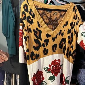 Nasty Gal Leopard and Floral V-Neck Sweater - Gold and Red